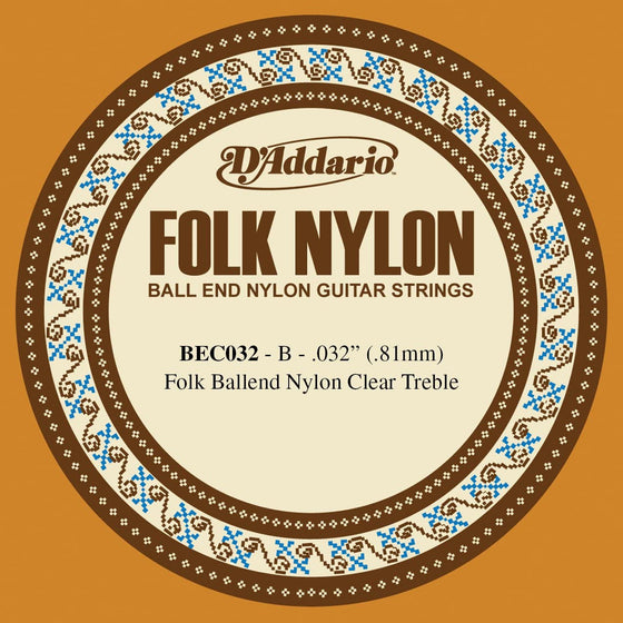 BEC032 D'addario Folk Ball End Nylon Clear Treble - .032 - Single