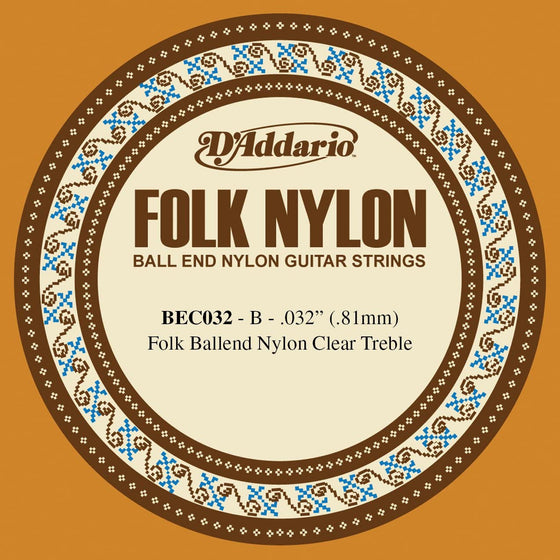 BEC032 D'addario Folk Ball End Nylon Clear Treble - .032 - Single